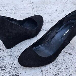 Via Spiga Women Shoes Black Suede Leather Pumps Wedges Heels Sandals Size 8M 39